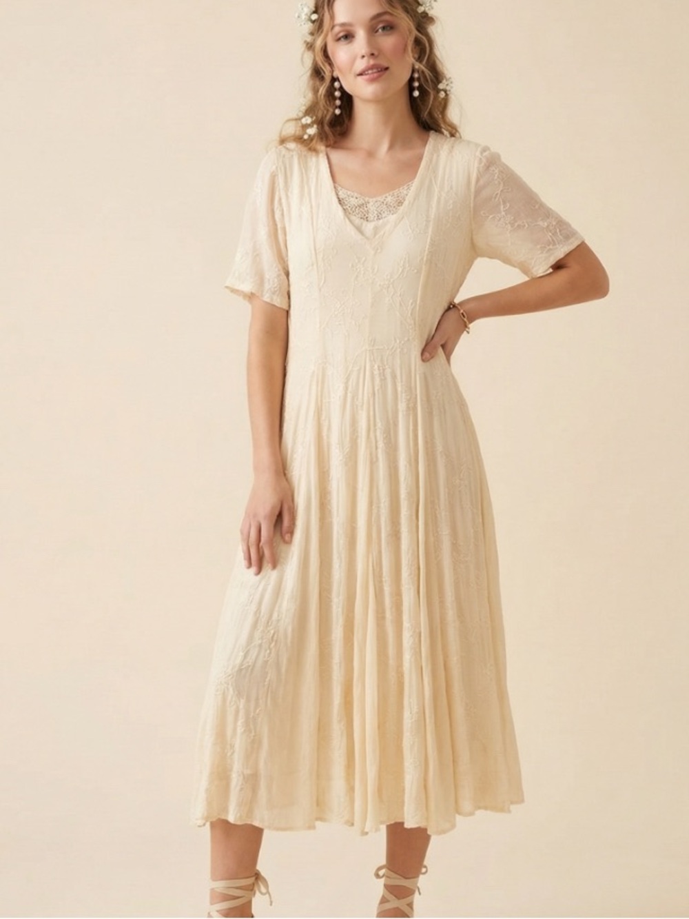 vintage 90s cream yellow embroidered  maxi / tea length dress prairie